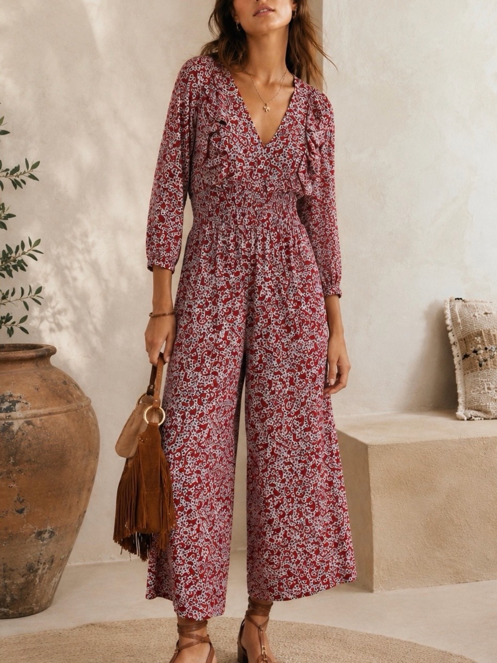 NWT Ba&sh ‘Cloy’ Red & Pink Floral Print Wide Leg Jumpsuit Women’s Size XS